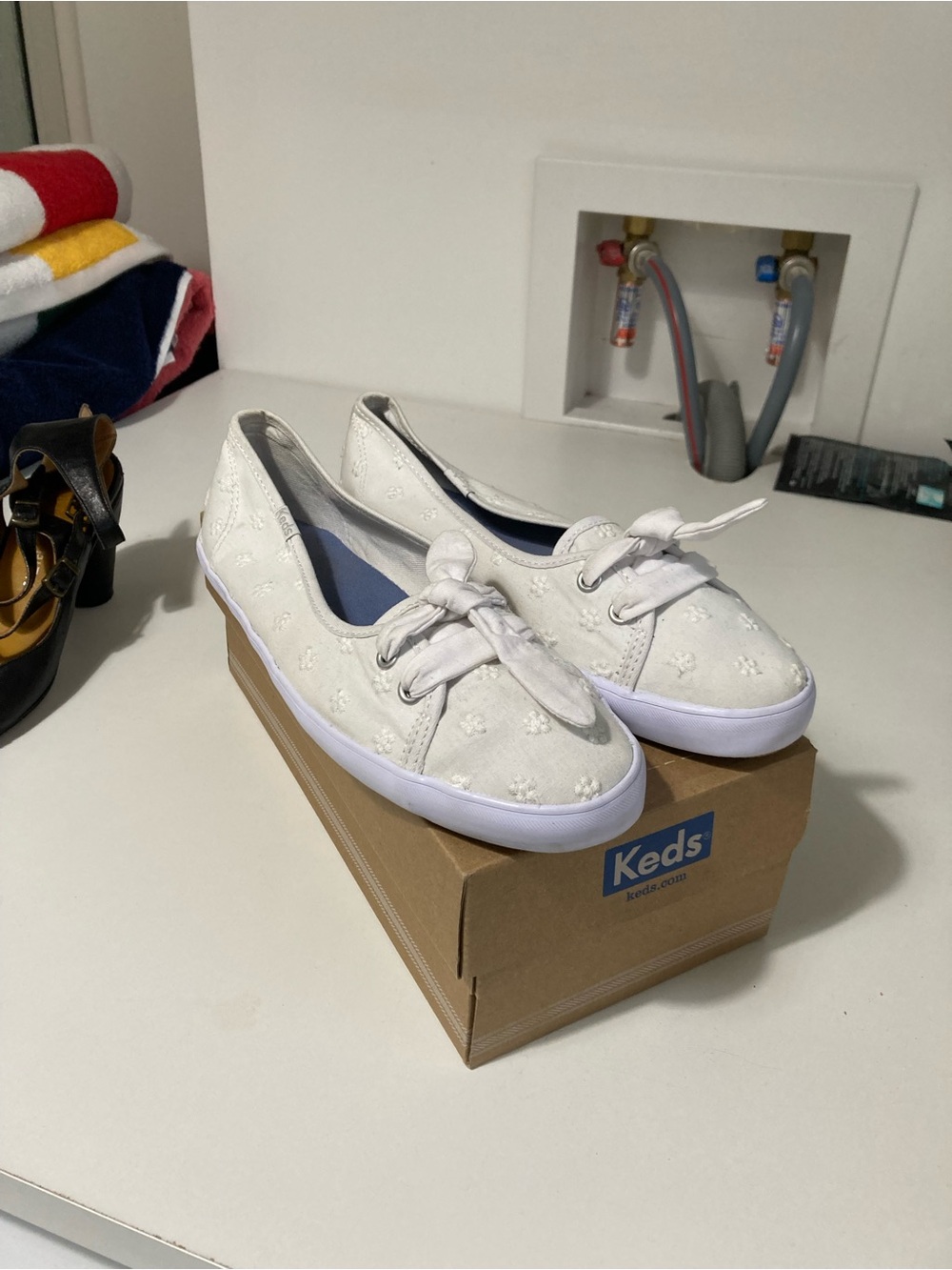 Keds White Floral Embroidered Canvas Lace-Up Flats